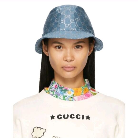 Gucci NWT Canvas Lame GG Monogram Bucket Hat Small Light Blue Silver - Picture 2 of 11